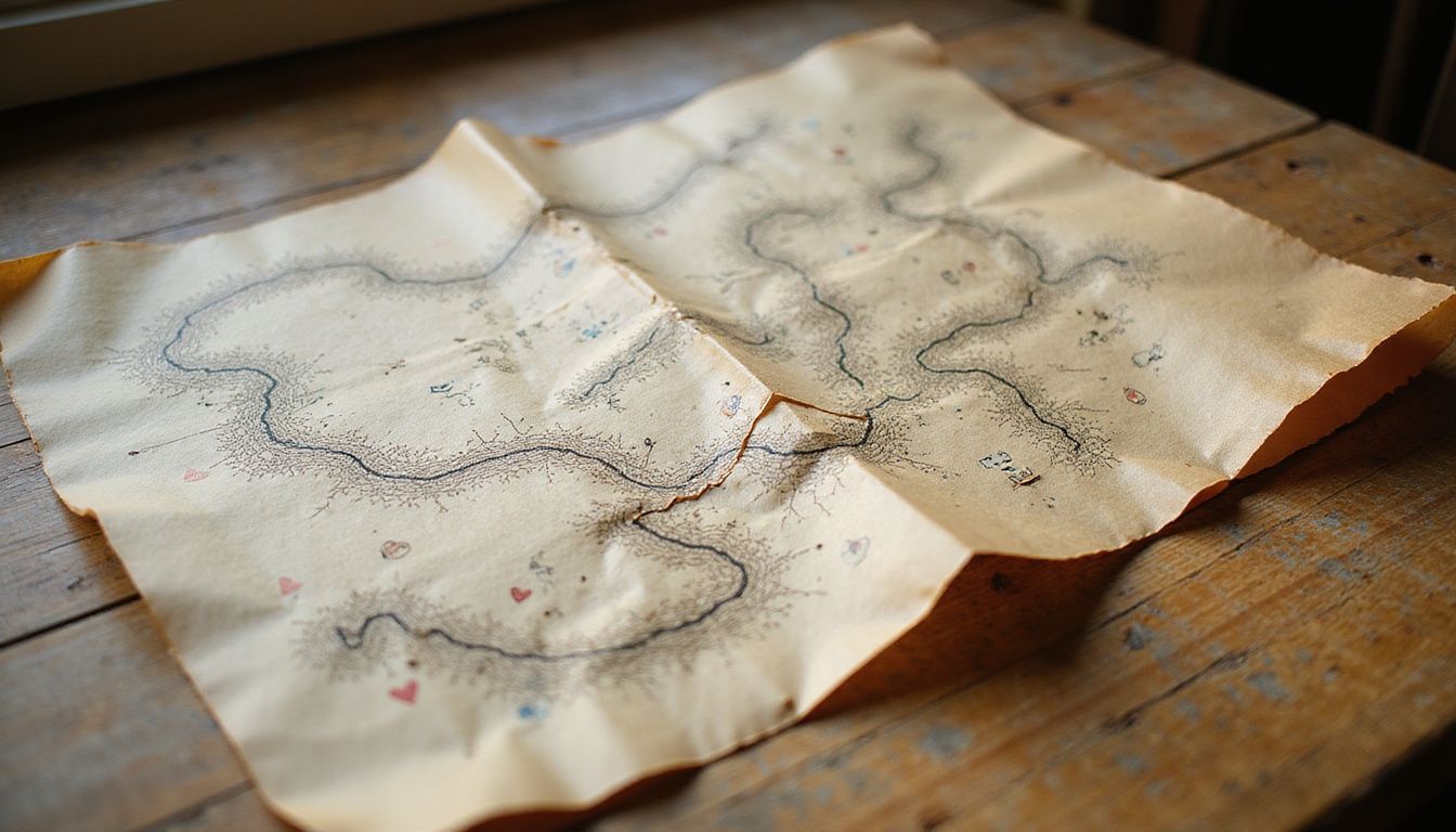 A worn parchment map with emotional symbols on a wooden table.