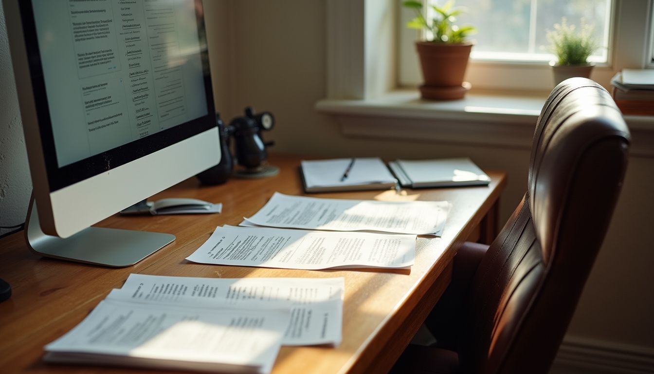 A cluttered home office filled with papers and an aged computer.
