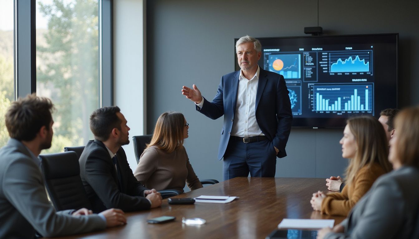 A confident middle-aged man presents data in a modern boardroom.