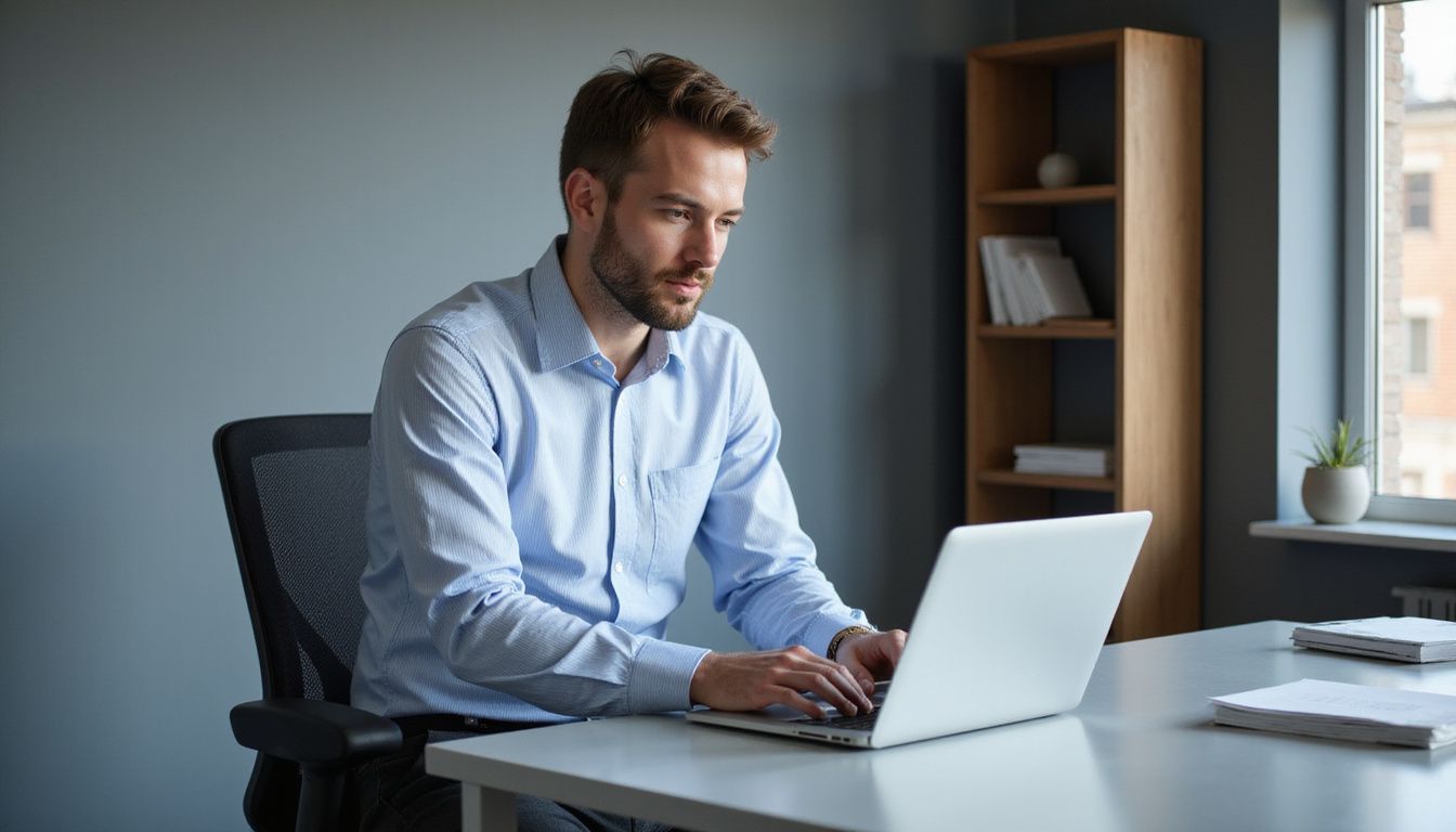 A focused man in business casual works at a modern office desk.
