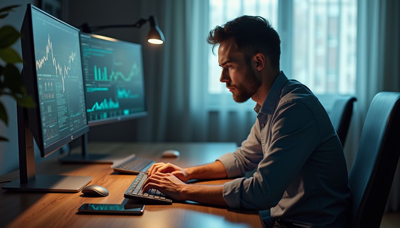 A man works intently at a modern, polished walnut desk.