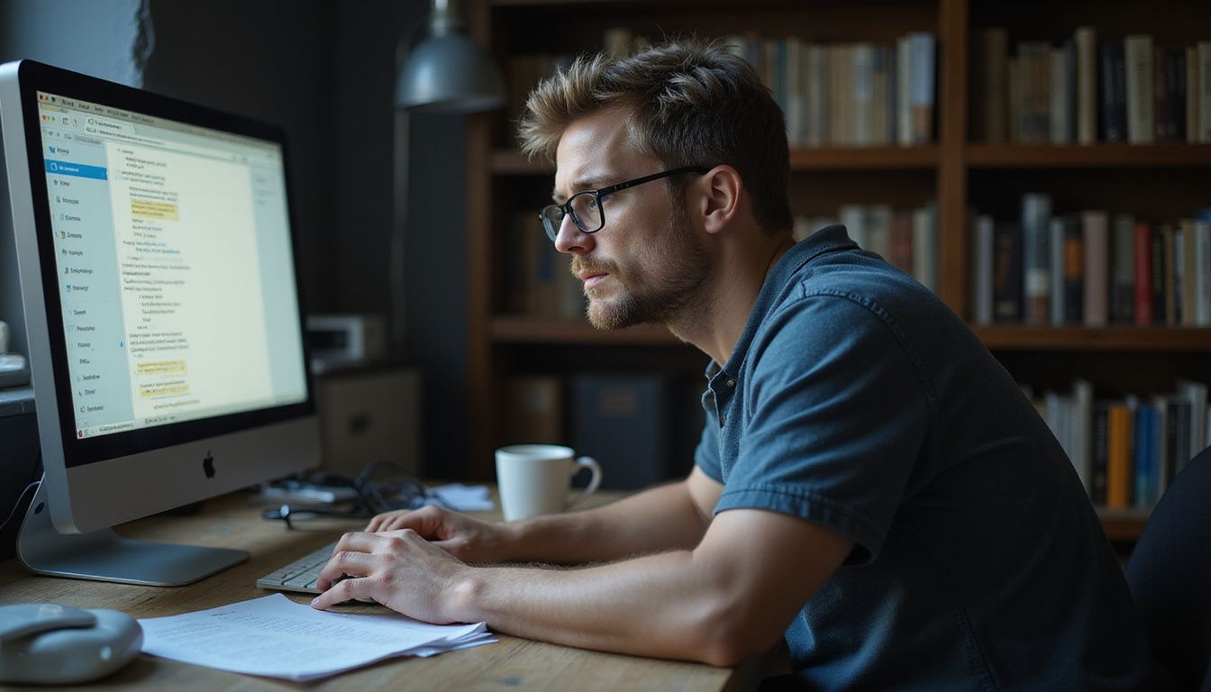 A frustrated man intensely focuses on a computer chatbot conversation.