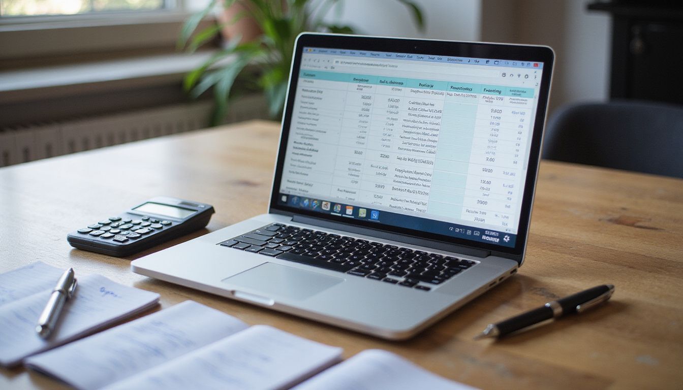A laptop displays a pricing spreadsheet in a professional workspace.