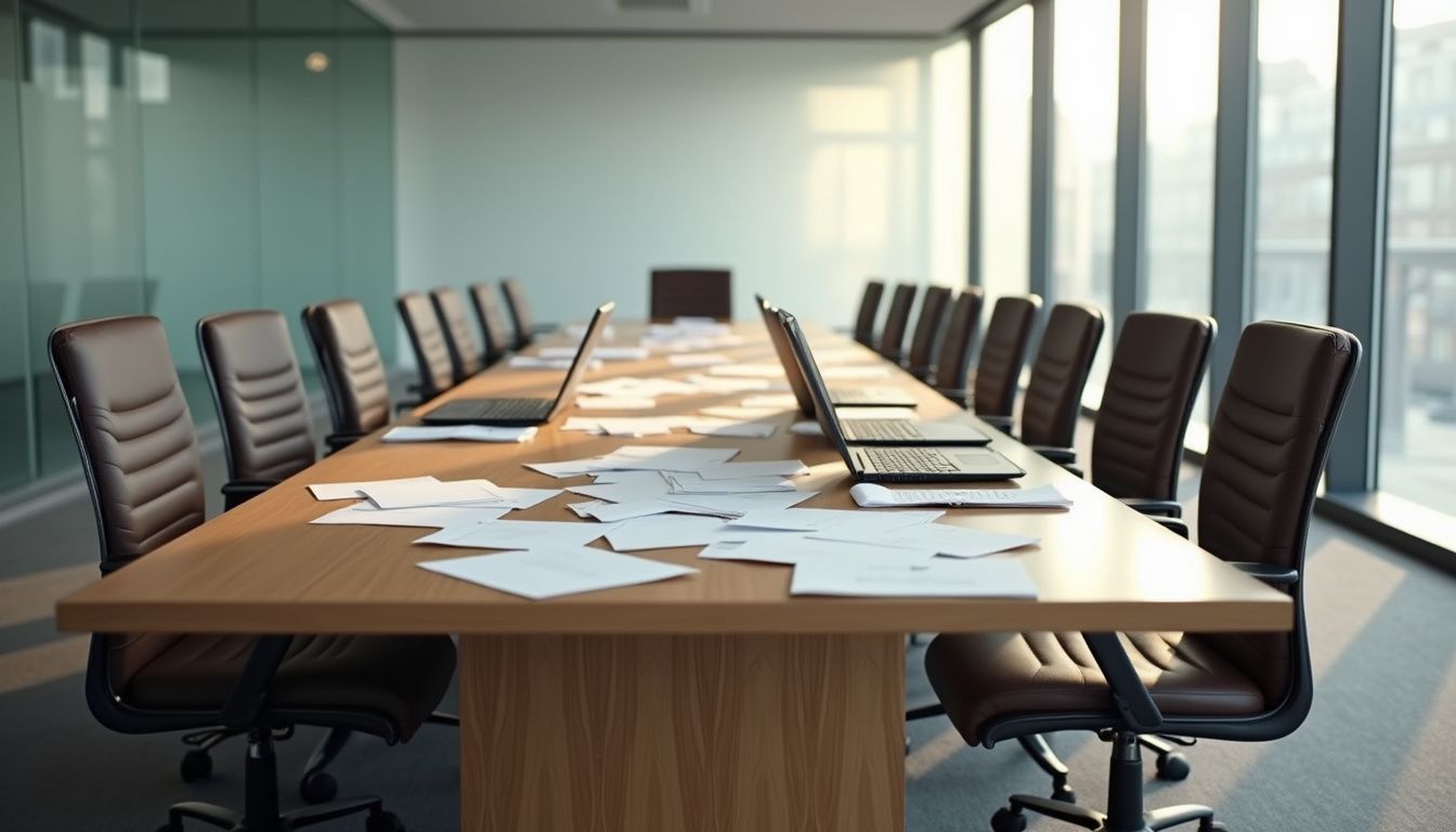 An empty, modern boardroom reflects a void in leadership presence.