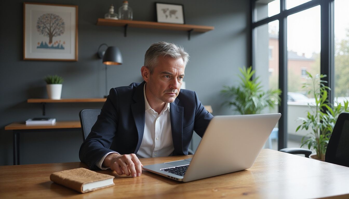 A focused professional analyzes AI data in a sleek office.