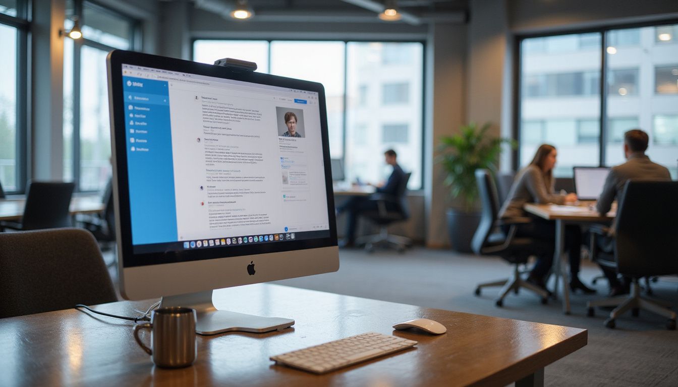 A sleek computer monitor displays an AI chatbot in a modern office.