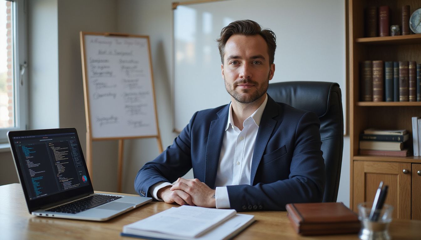 A focused male consultant works in a modern office with AI visuals.