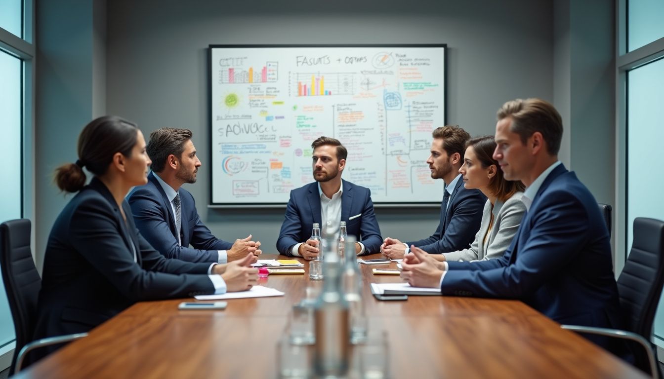 A diverse group of professionals collaborates on AI strategy in a boardroom.