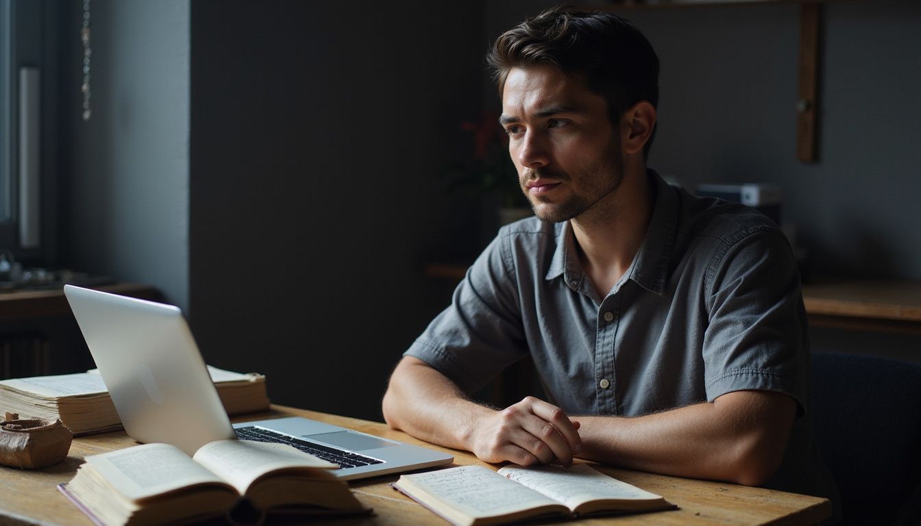 A focused individual works at a desk surrounded by AI books.