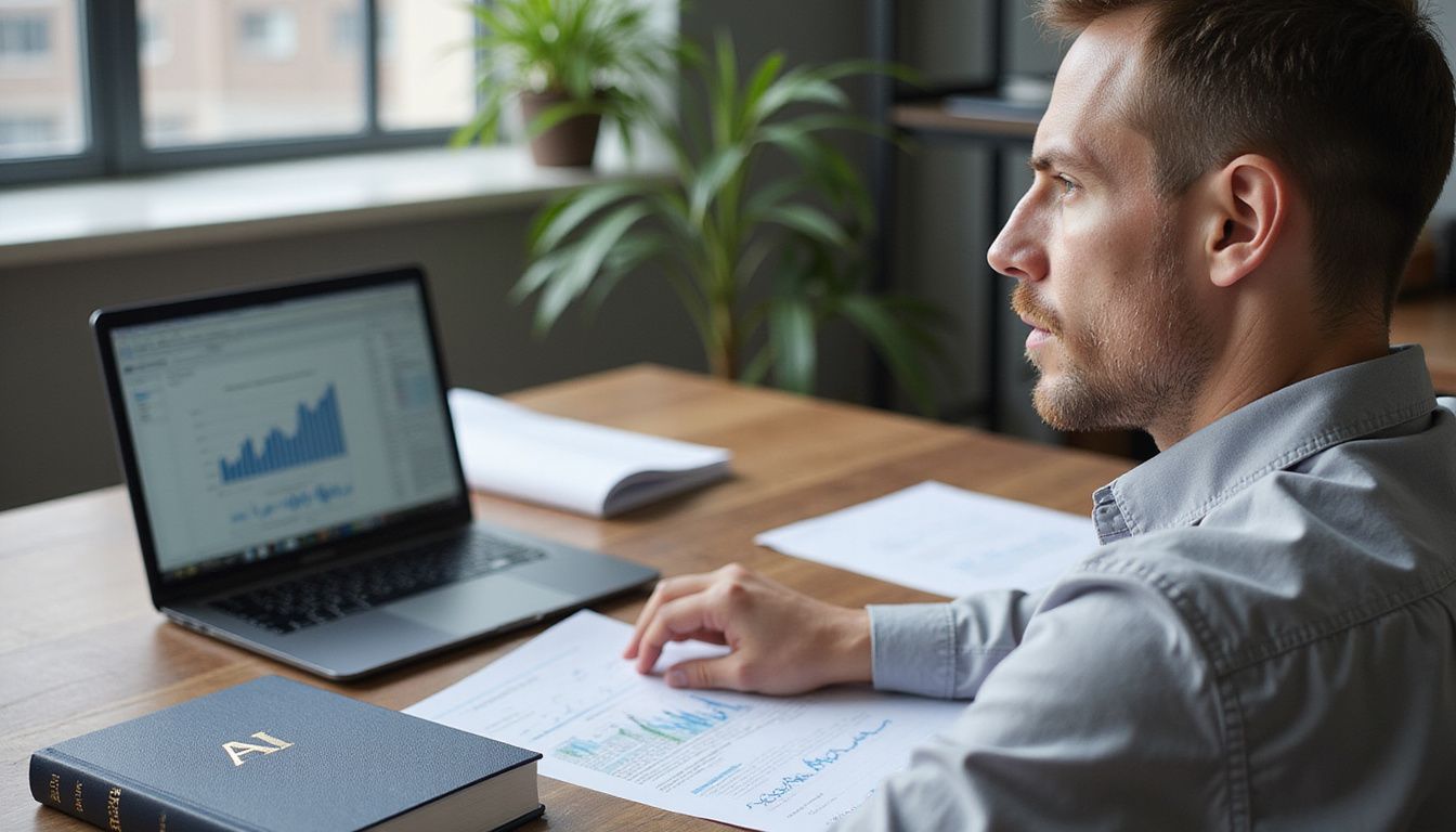 A person thoughtfully considers hiring a Chief AI Officer at their desk.