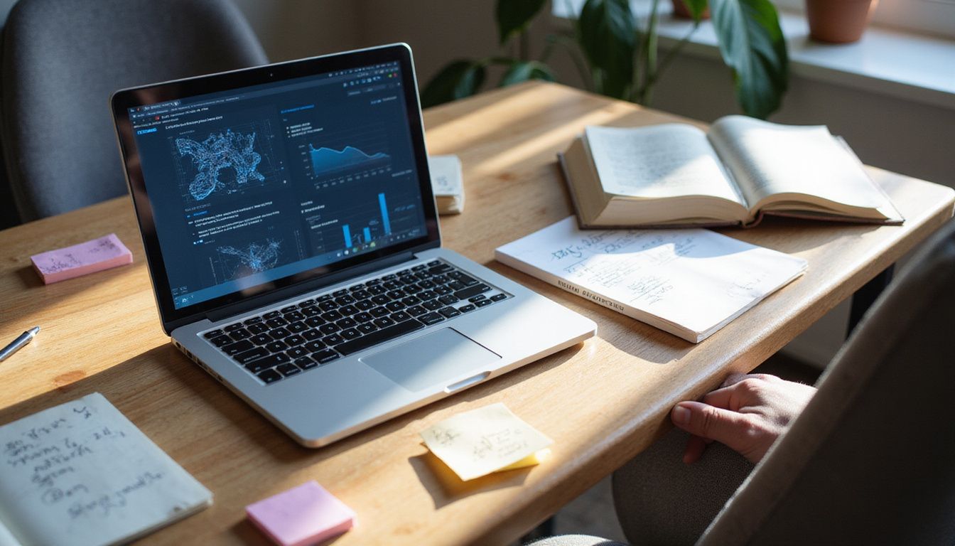 A modern office desk features a laptop, books, and notes.