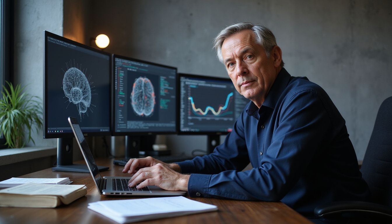 Middle-aged individual focused on AI work at a modern desk.