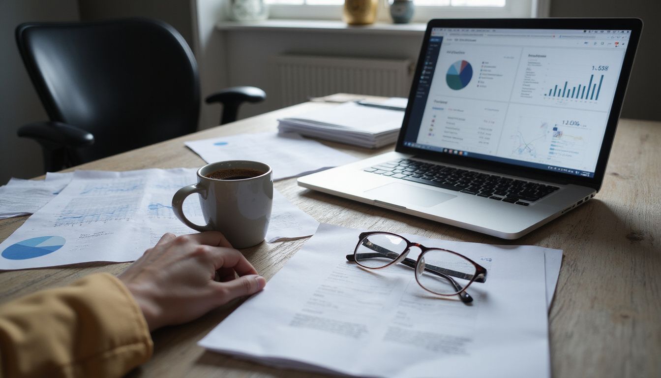 A cluttered office desk with a laptop, coffee mug, and glasses.