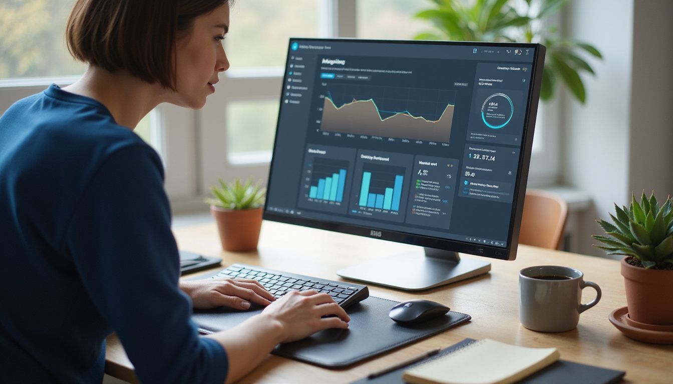 A modern office desk features tech gadgets and a potted succulent.