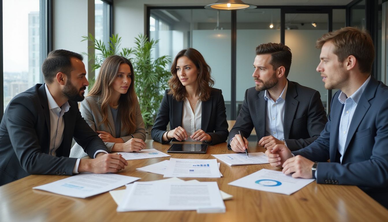A diverse group discusses AI governance in a modern office setting.