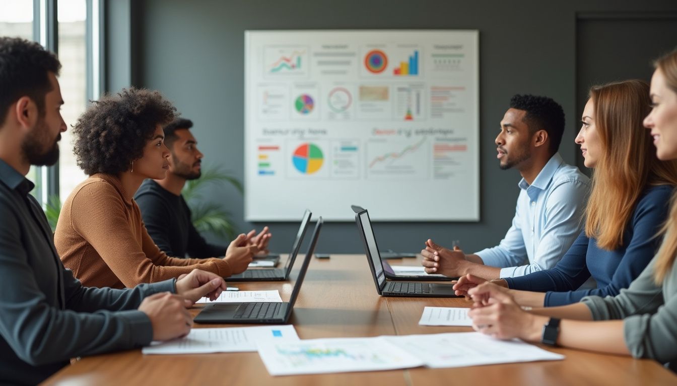 A diverse team collaborates around a conference table with laptops and documents.