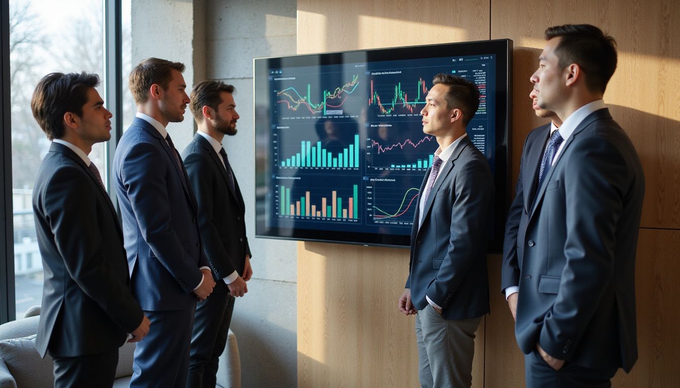 A diverse group of professionals collaborates around a digital touchscreen display.