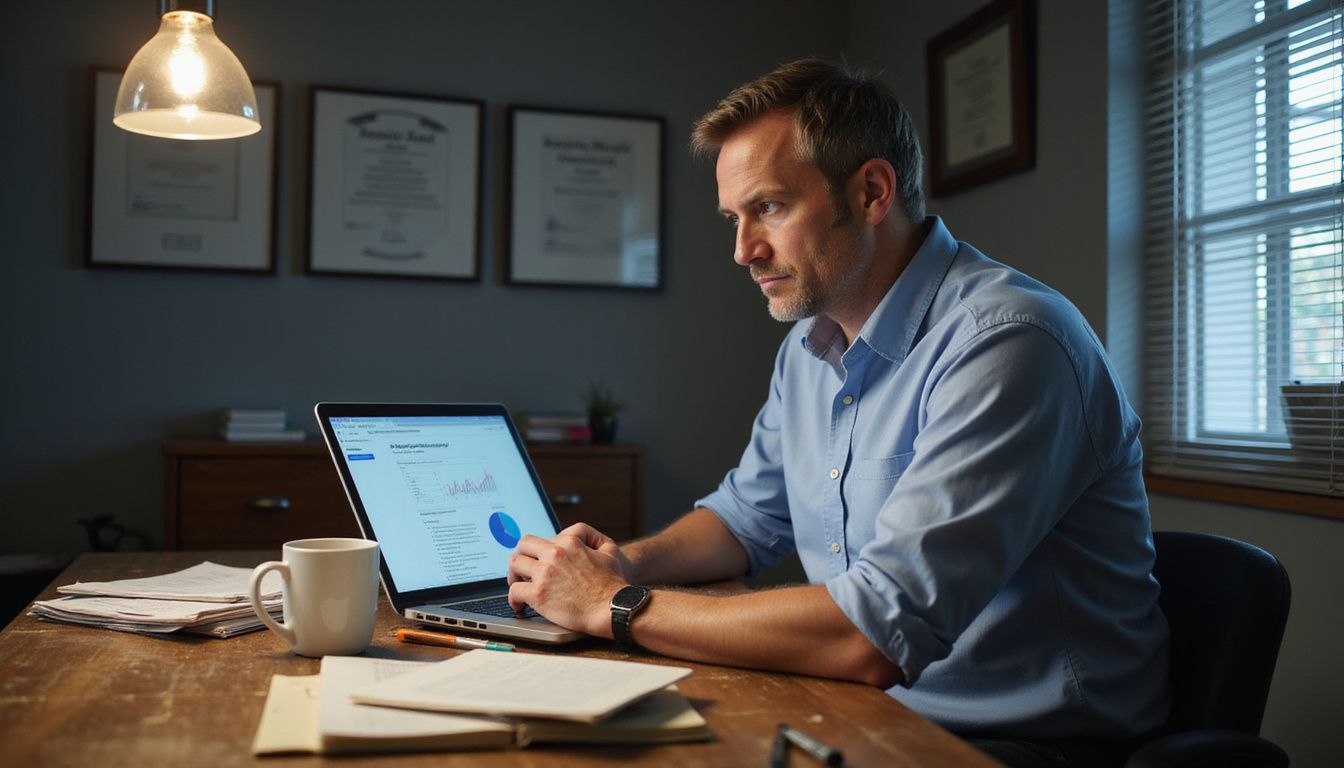 A focused middle-aged man works intently at a cluttered desk.