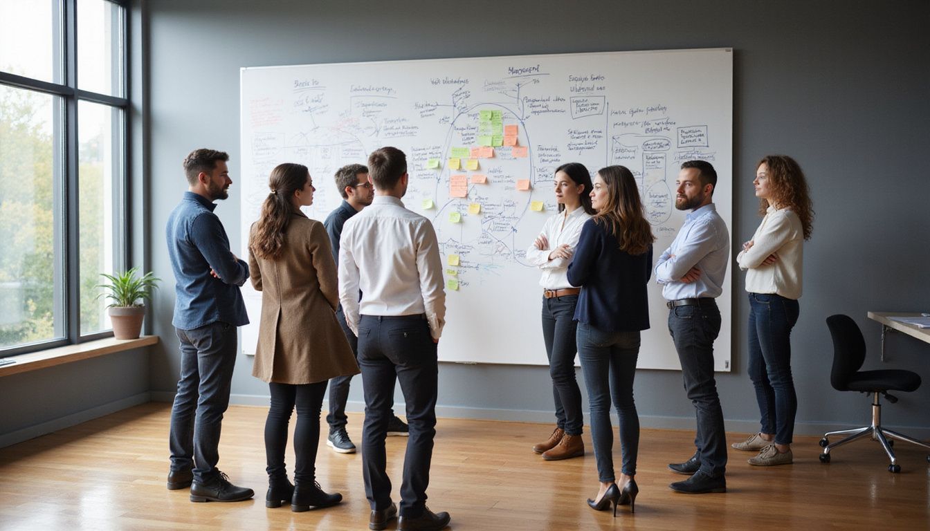 A diverse group collaborates on AI strategies at a modern office.