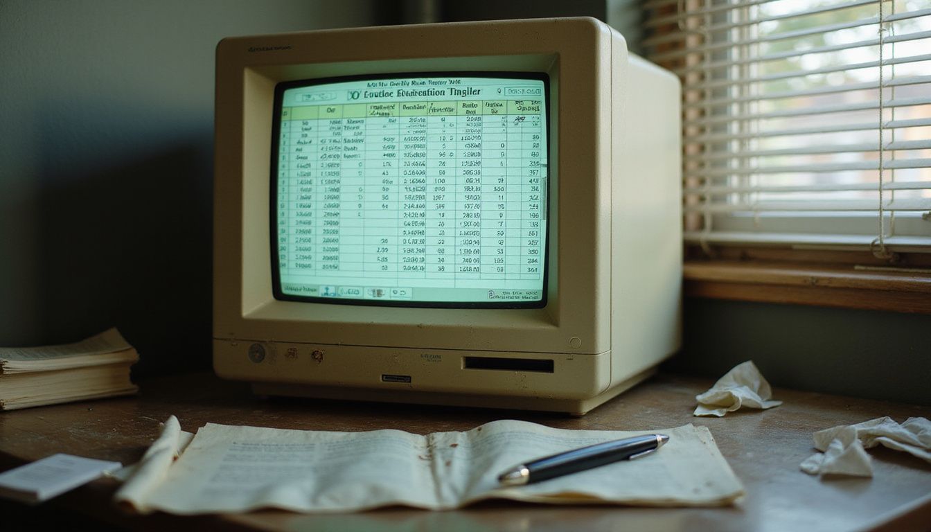 An old CRT monitor displays a detailed AI spreadsheet on a cluttered desk.