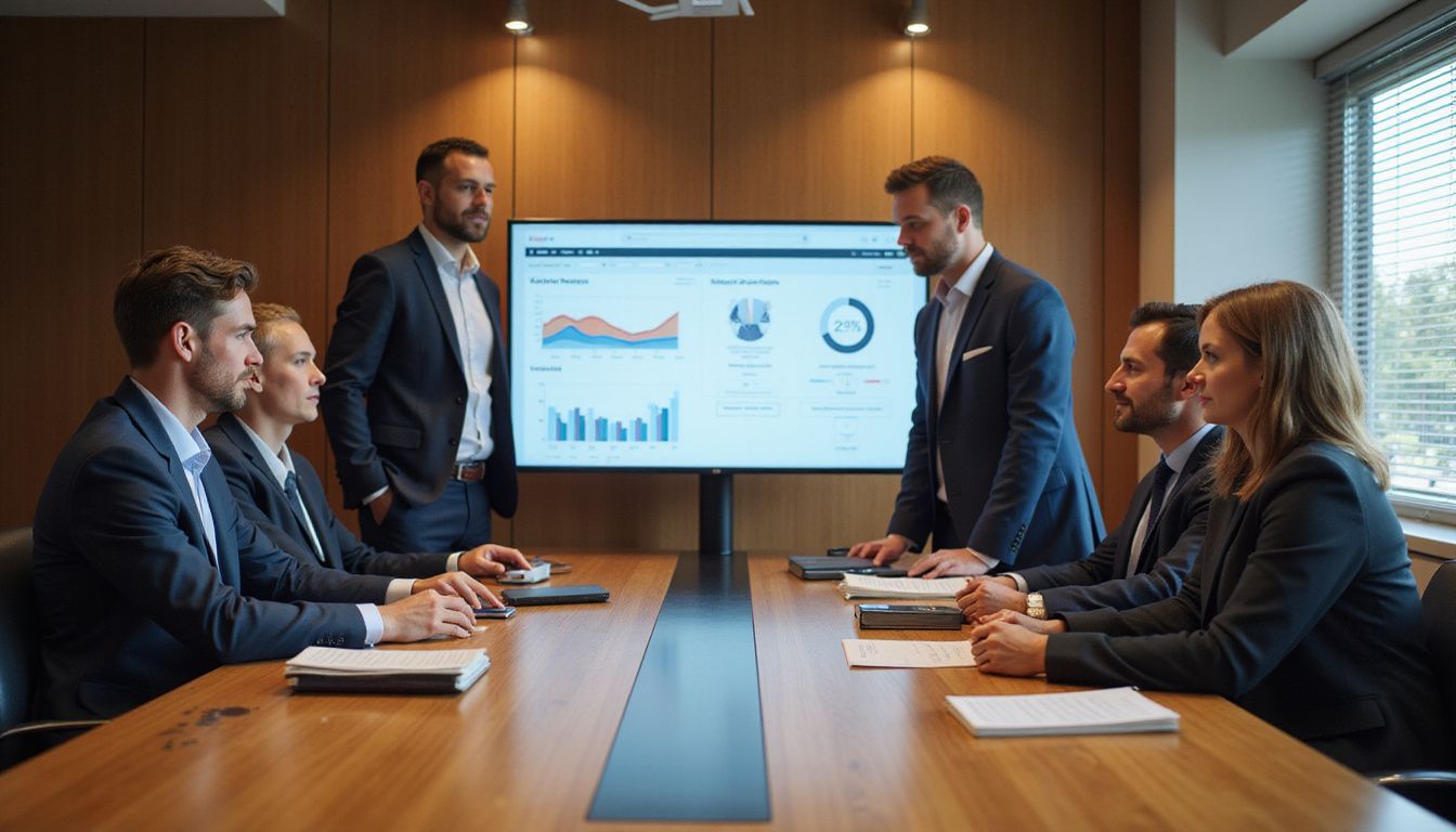 Business professionals collaborate around a conference table reviewing AI assessments.