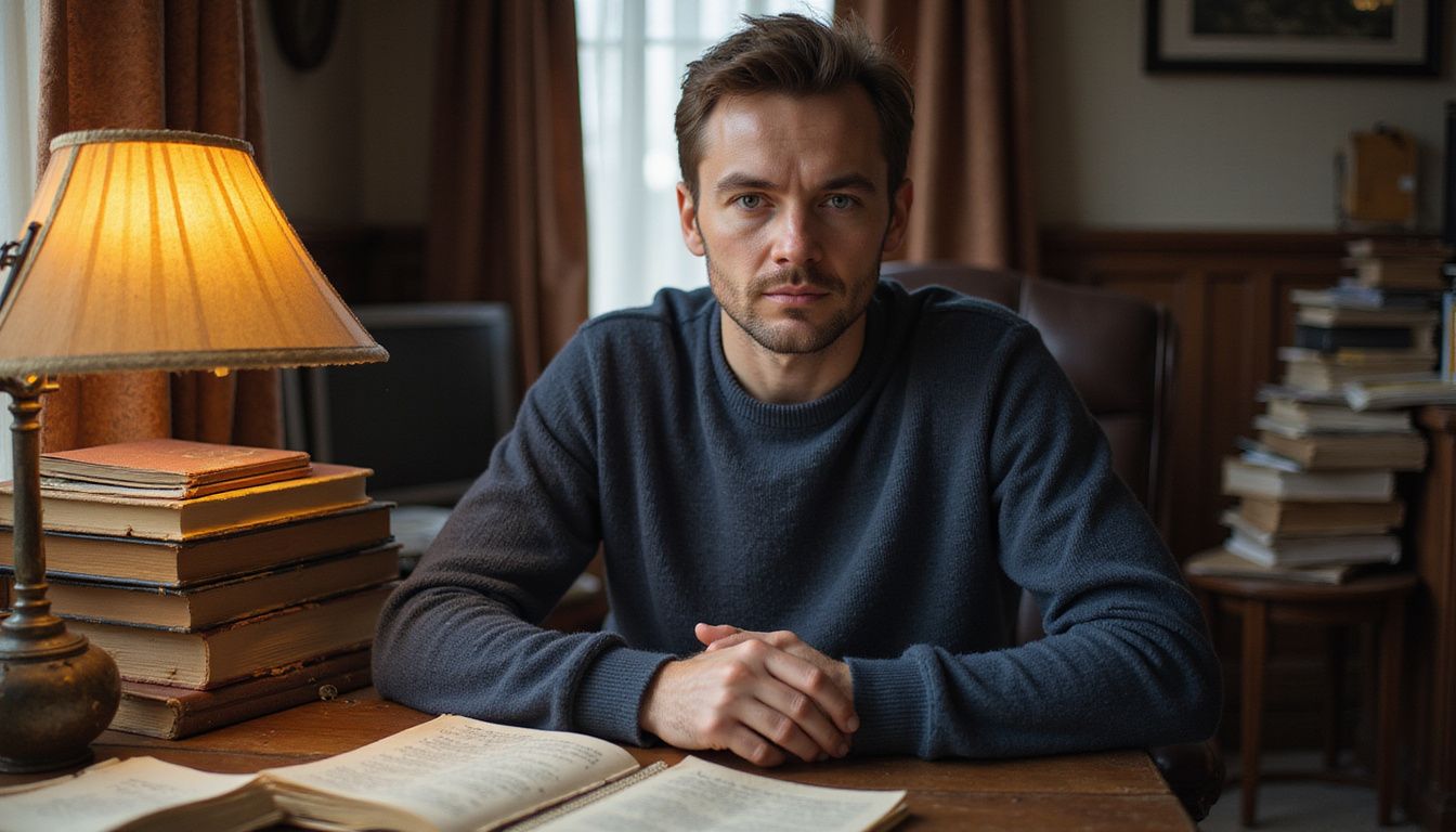 A man struggles with complex ideas in a cluttered home office.