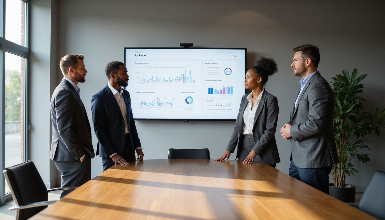 Business professionals collaboratively discussing an AI tracking template in an office.
