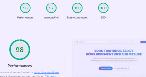 Excellente performance technique d’un site web selon l’audit Lighthouse.