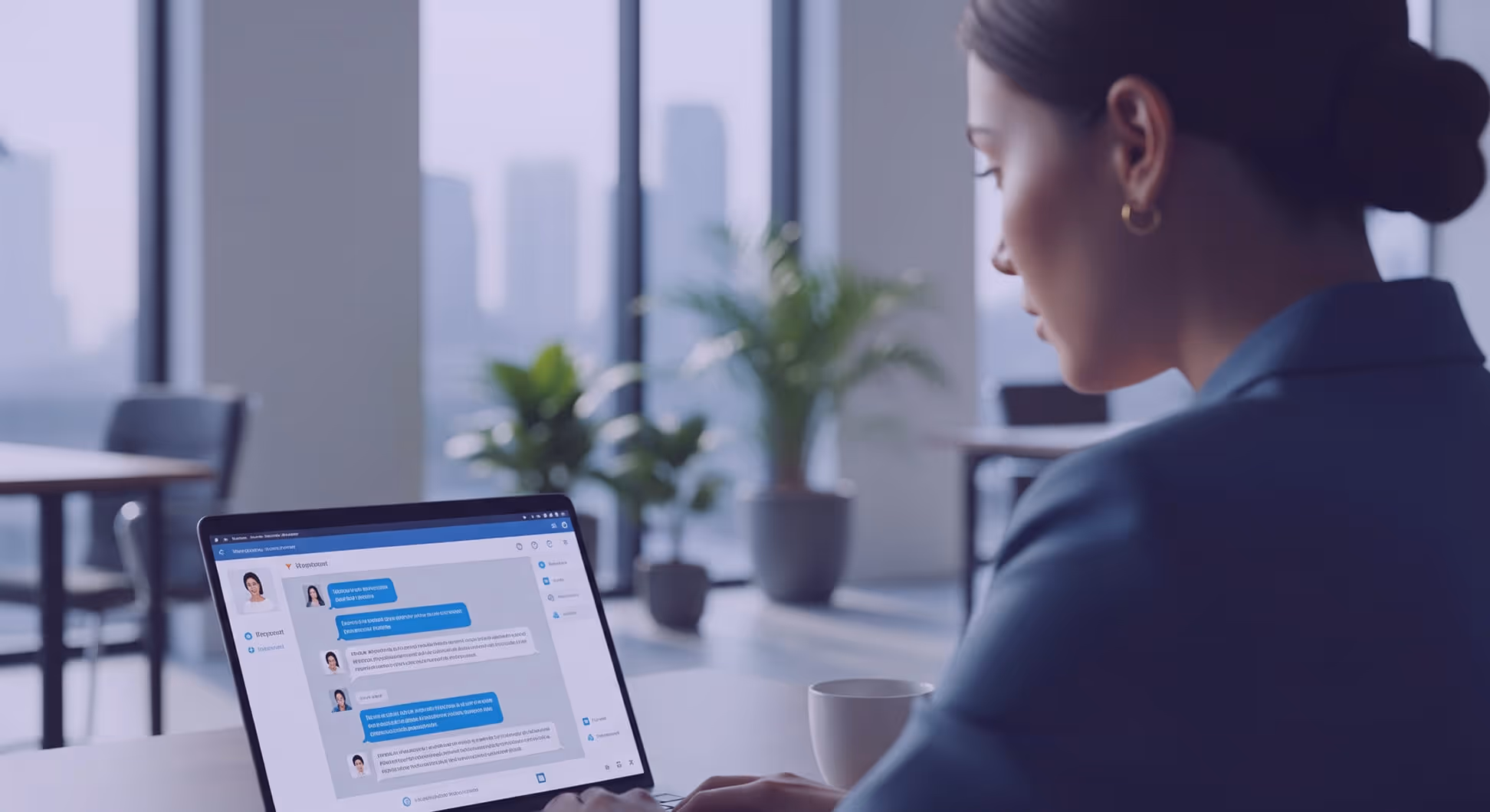 Femme d’affaires utilisant un ordinateur portable avec une fenêtre de chatbot ouverte.
