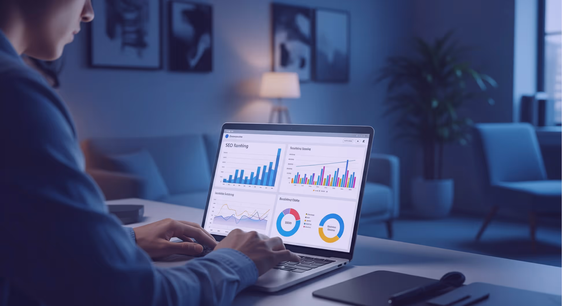 Personne analysant des données SEO sur un ordinateur portable avec graphiques.