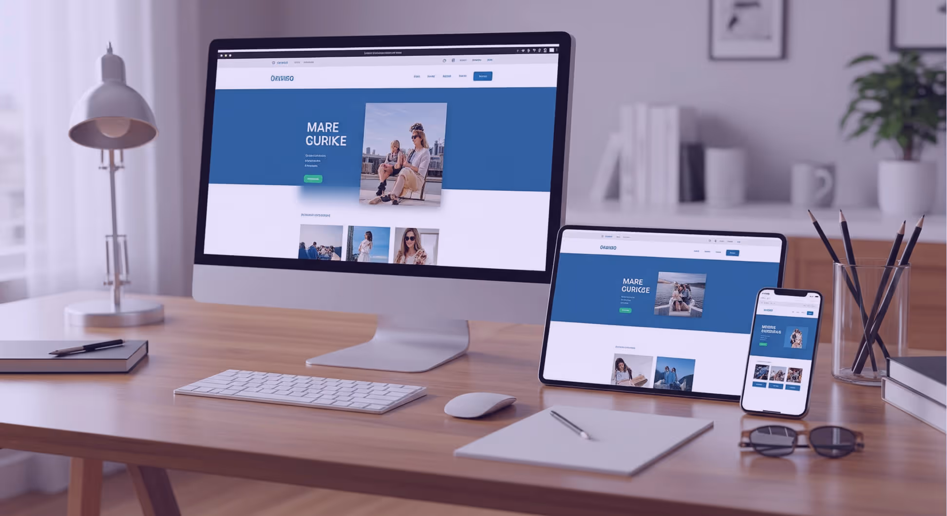 Bureau avec ordinateur, tablette et smartphone affichant un site web moderne.