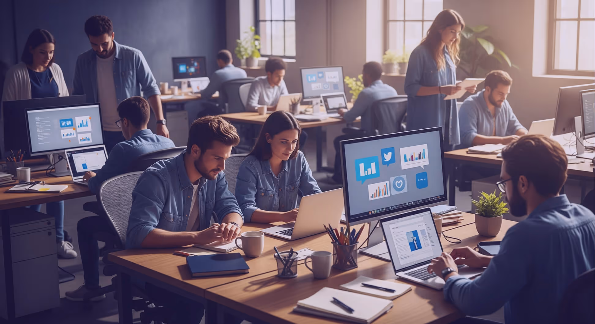 Équipe de jeunes professionnels travaillant à distance sur leurs ordinateurs portables.
