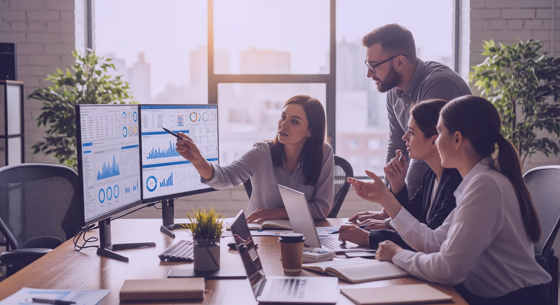 Équipe marketing analysant des résultats SEO sur écrans avec graphiques et tableaux.