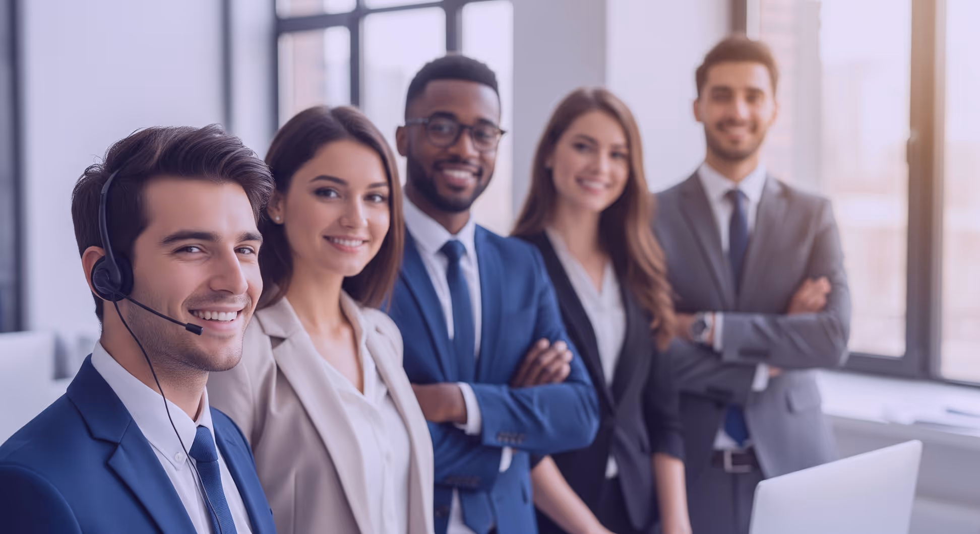 Équipe multiculturelle de jeunes professionnels souriants dans un bureau moderne, avec un casque représentant la vente.