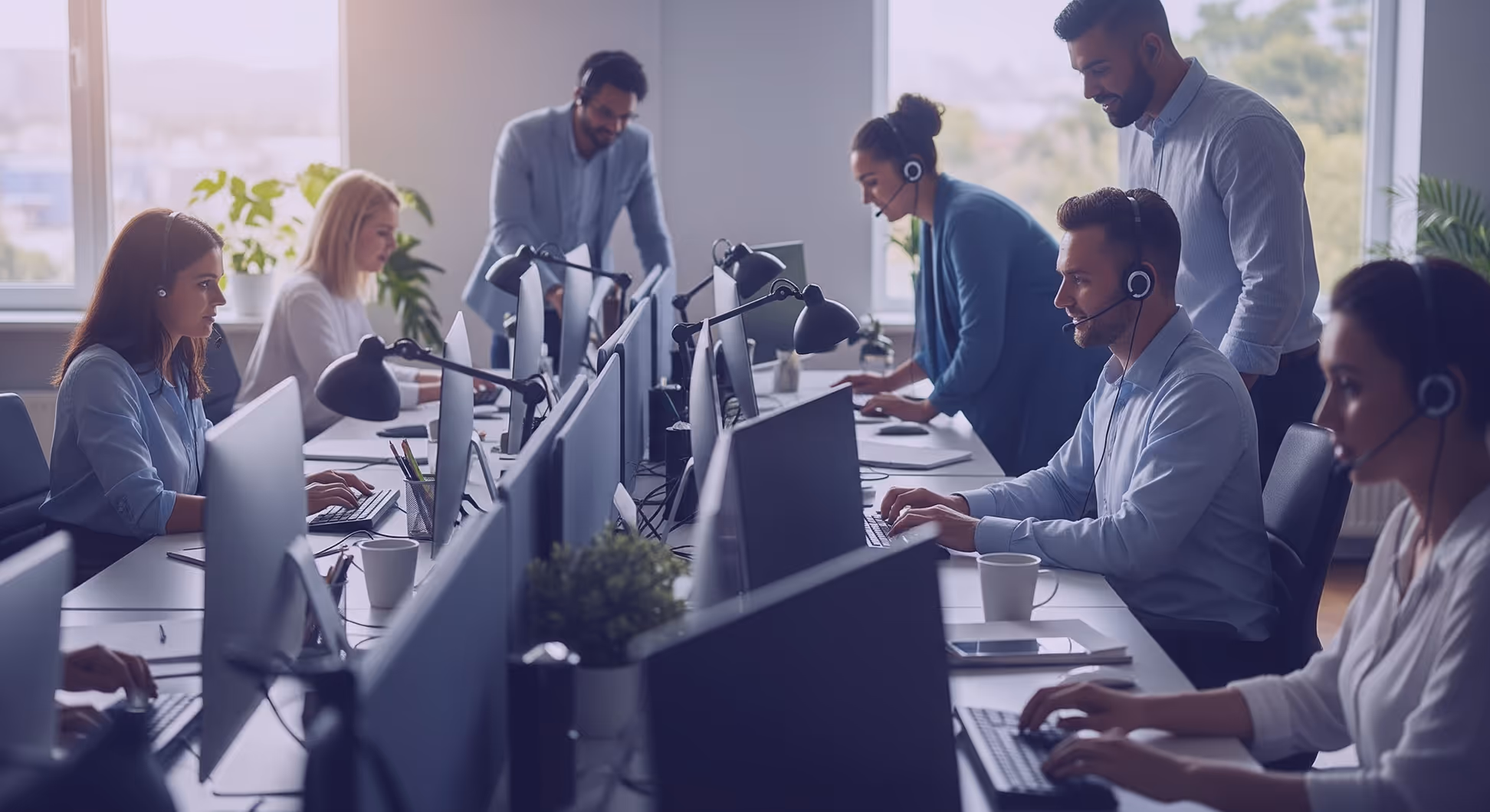 Équipe multiculturelle avec casques dans un bureau moderne, ambiance collaborative et tropicale.