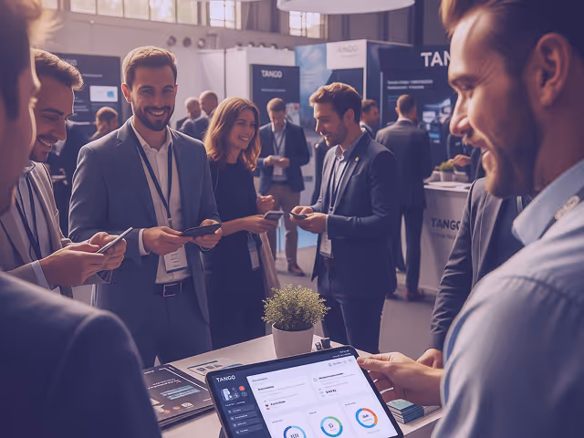 Professionnels en réseautage lors d'un salon professionnel ou d'une conférence, avec des participants portant des badges nominatifs et consultant des documents sur une tablette au premier plan