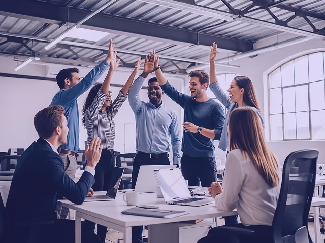 Équipe diversifiée de professionnels célébrant ensemble avec des high-fives dans un espace de travail moderne