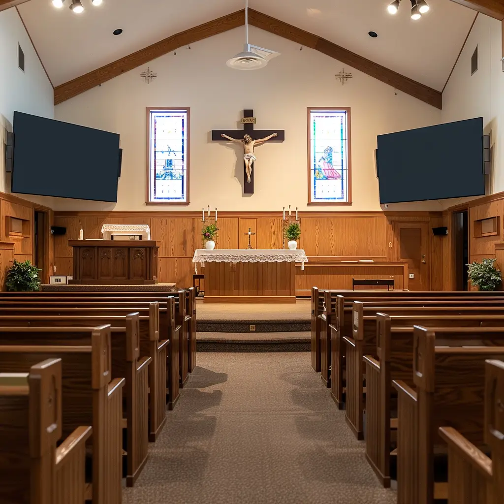 Small church sanctuary interior with wall-mounted speakers, wooden pews, and modern AV display screens for worship services