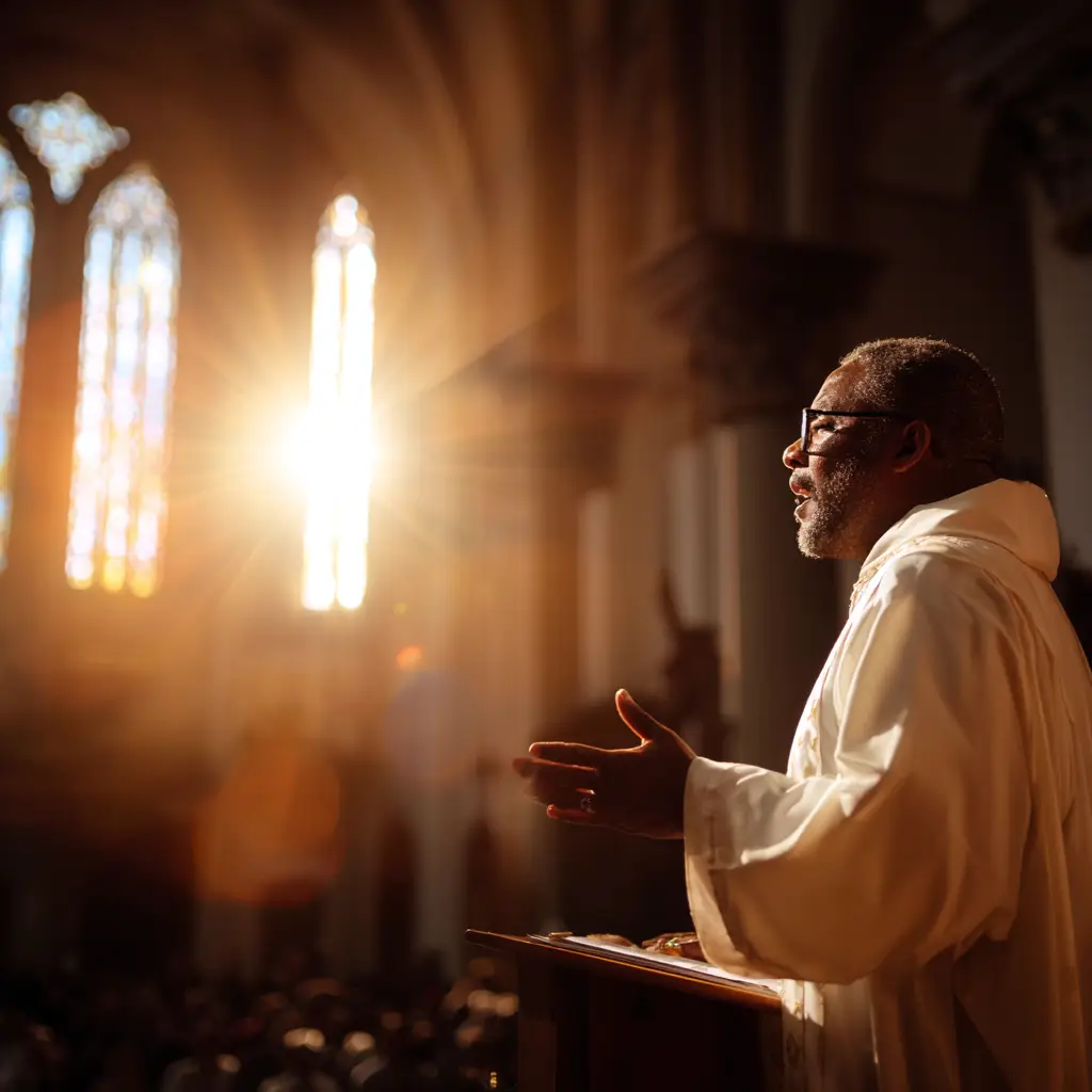 Church pastor preaching during worship service with stained glass windows and professional lighting in traditional sanctuary