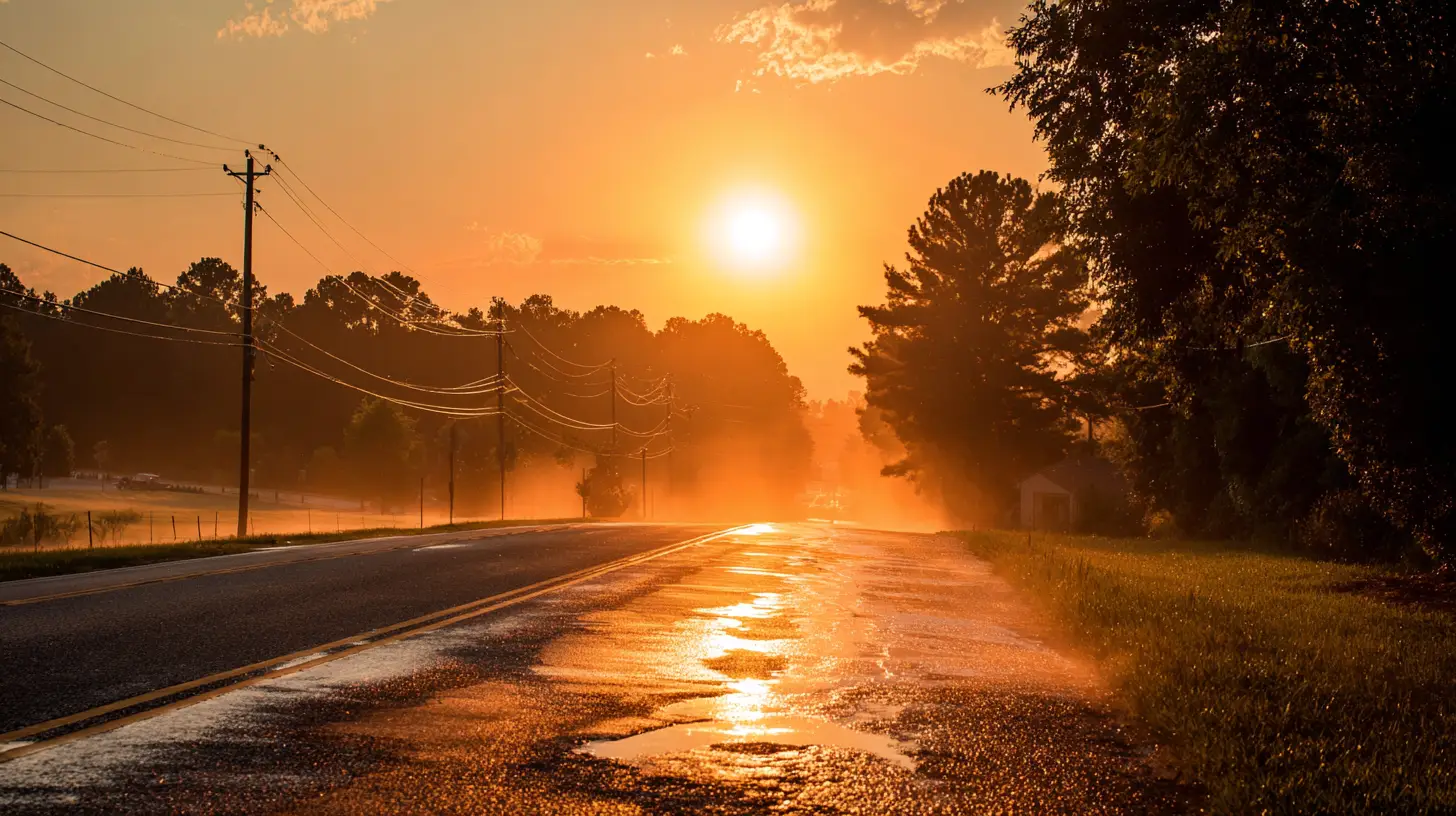 Power lines at sunset illustrating summer heat causing electrical grid stress and power quality issues