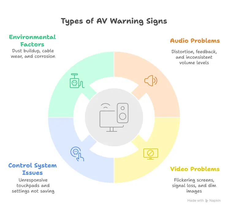 Infographic showing four types of AV warning signs: audio problems, video issues, control system glitches, and environmental factors