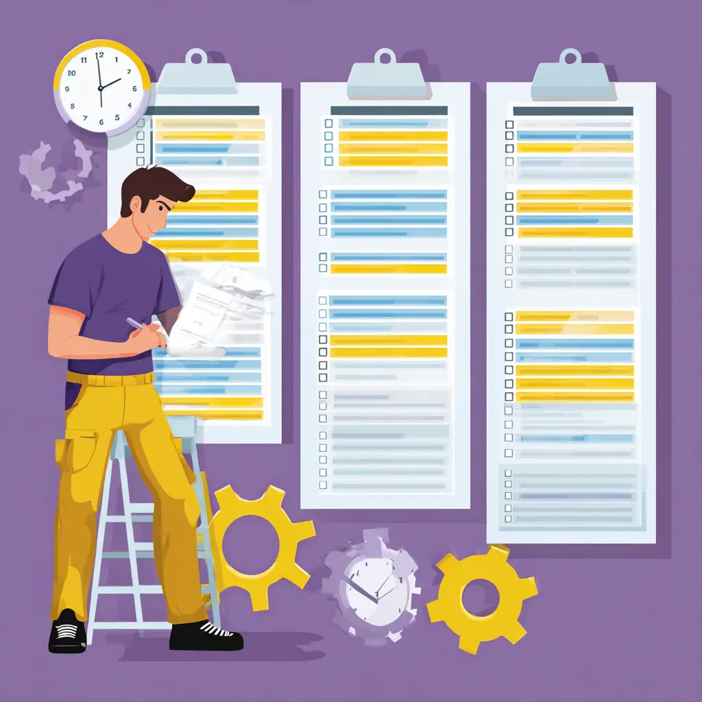 Illustration of maintenance worker creating AV system maintenance schedule with checklists and planning documents