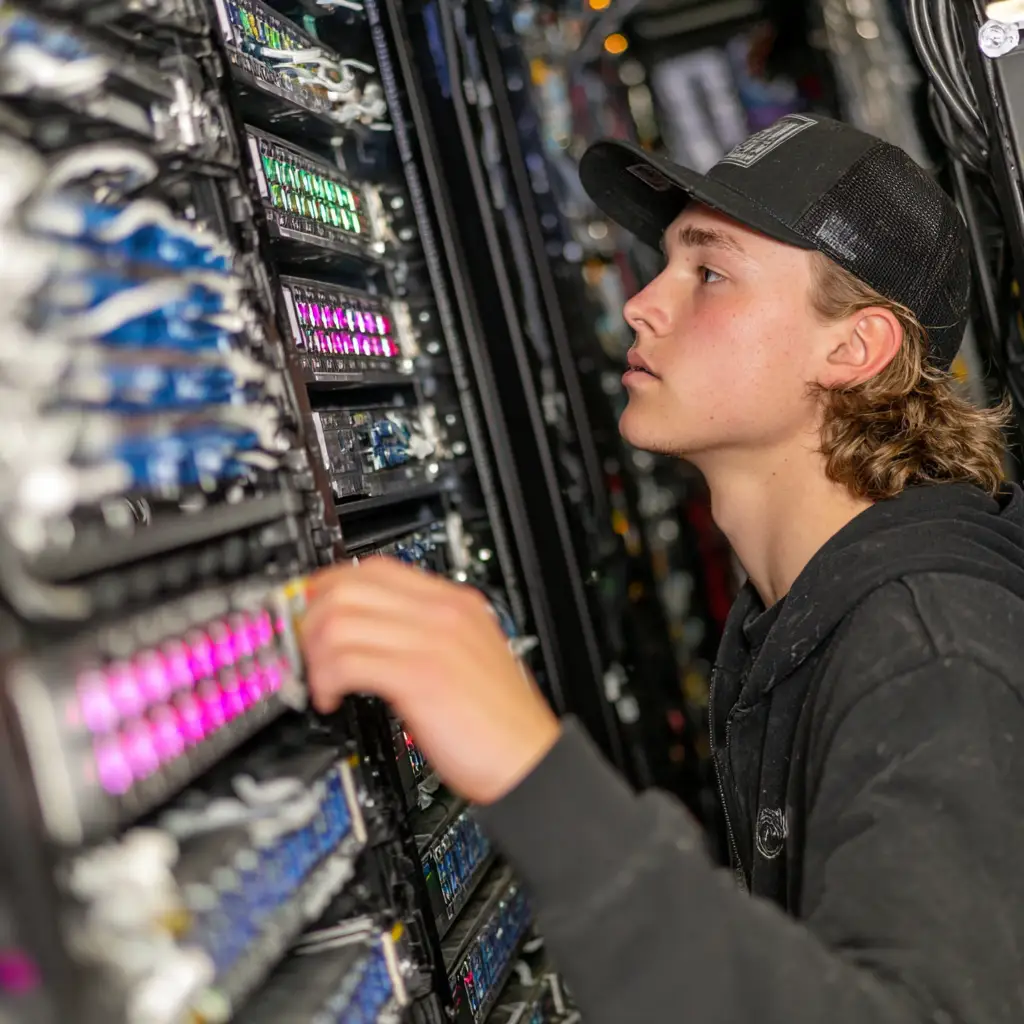 Professional AV technician performing maintenance on commercial audio visual equipment rack with multiple processors and control systems