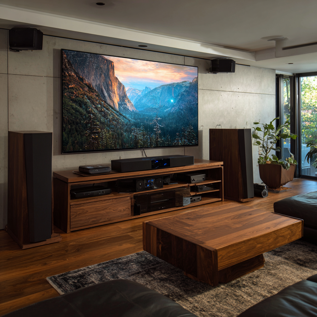 Modern residential home theater setup with large wall-mounted TV, surround sound speakers, and entertainment center in contemporary living room