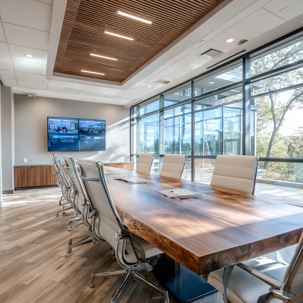 Contemporary conference room featuring integrated AV displays, wooden conference table, and floor-to-ceiling windows showcasing professional meeting space design
