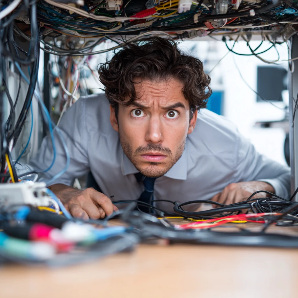 Frustrated IT professional overwhelmed by tangled cables showing poor AV system design
