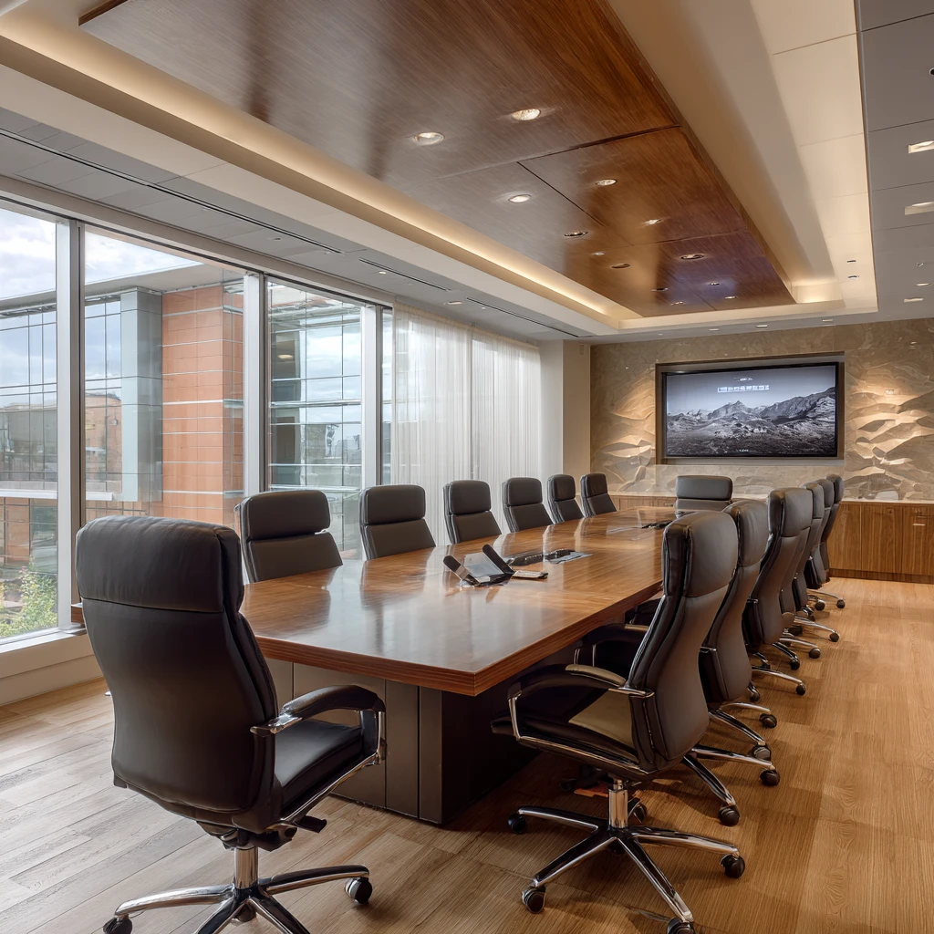 Modern conference room with integrated AV design featuring seamless display and lighting systems