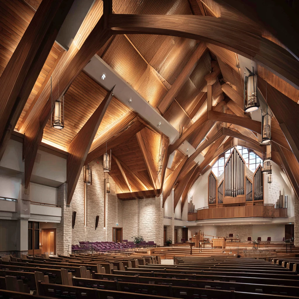 Large church sanctuary with wooden acoustic treatment and vaulted ceiling designed to reduce echo during worship services