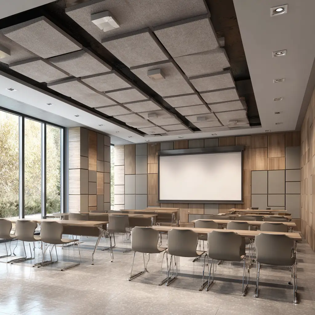 Modern training room featuring acoustic ceiling tiles and wall panels that eliminate echo for clear presentation audio