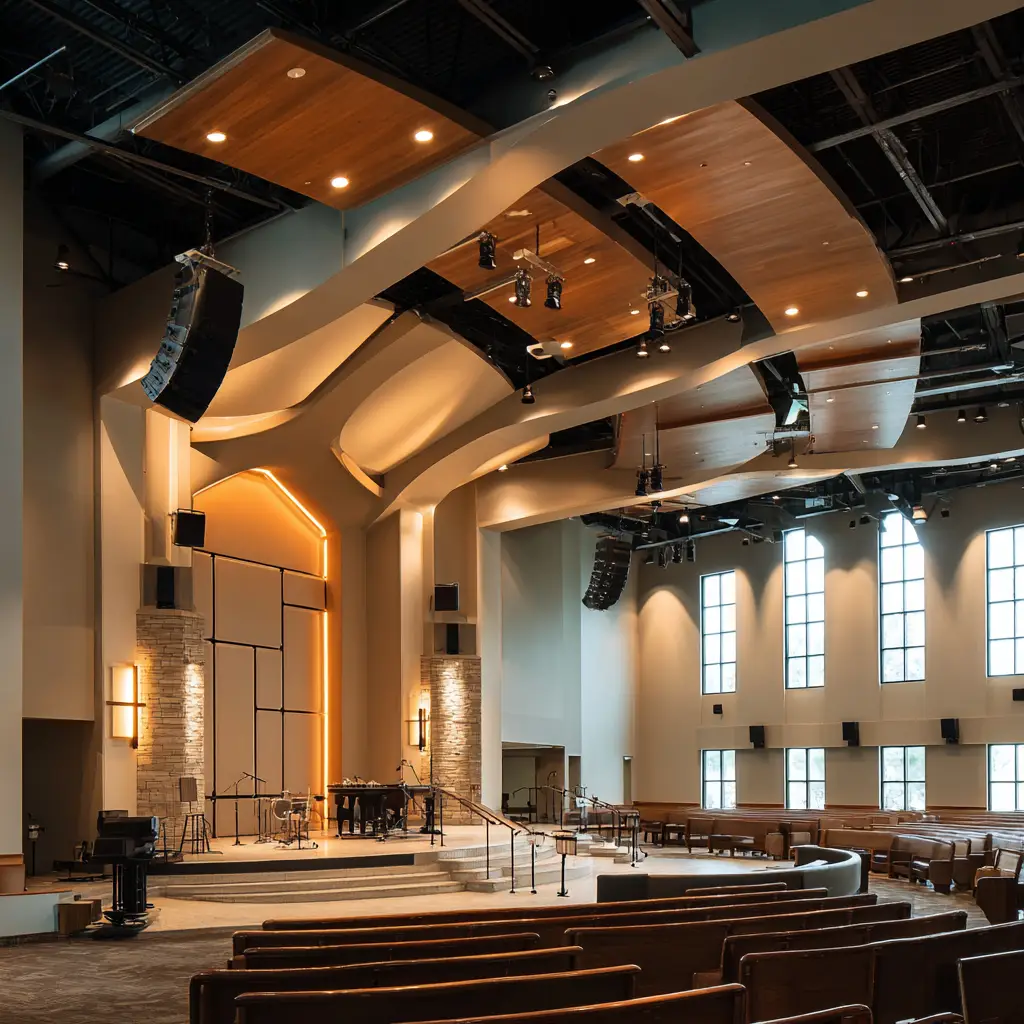 Modern church sanctuary with professional speaker arrays and acoustic ceiling design showing commercial AV installation